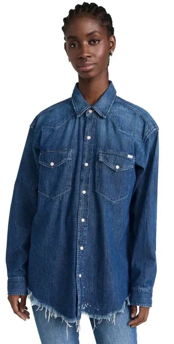 Mother The Western Cowgirl Blue Denim Jean Long Sleeve Button Raw Hem S